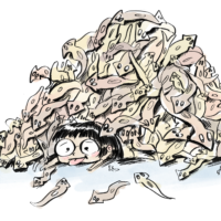 cartoon of girl getting smushed by a massive mountainous pile of planarian worms