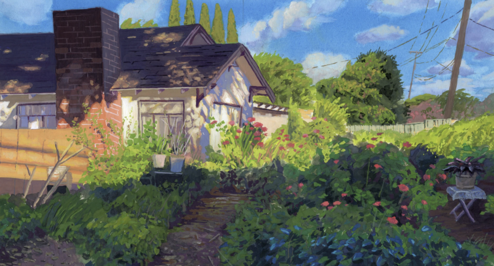 house with clouds gouache art