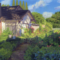 house with clouds gouache art