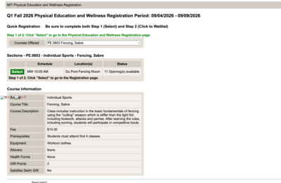 Screenshot of MIT PE Quick Registration for Fencing, Sabre, showing a green Select button and 11 openings available.