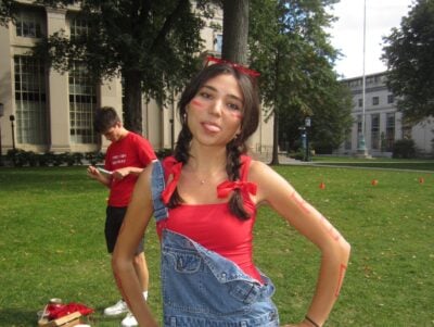 a girl wearing red