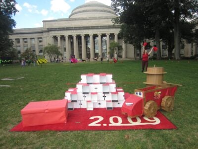 a cardboard lightning mcqueen on killian court
