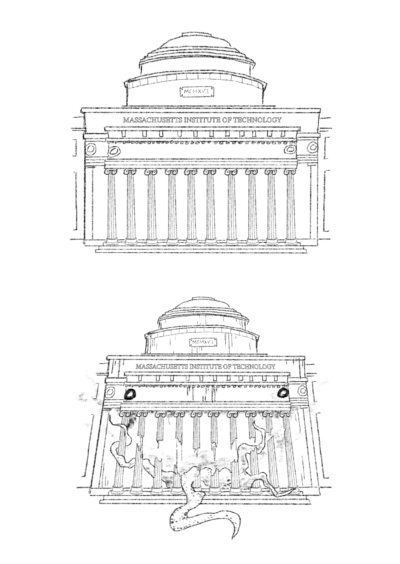 Two drawings: one of MIT's Great Dome, and the other a scary, monster version of the Great Dome