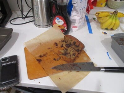 a mostly-eaten loaf of banana bread