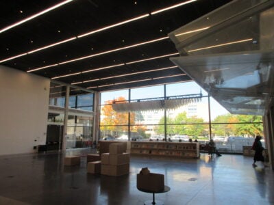 a room with large windows