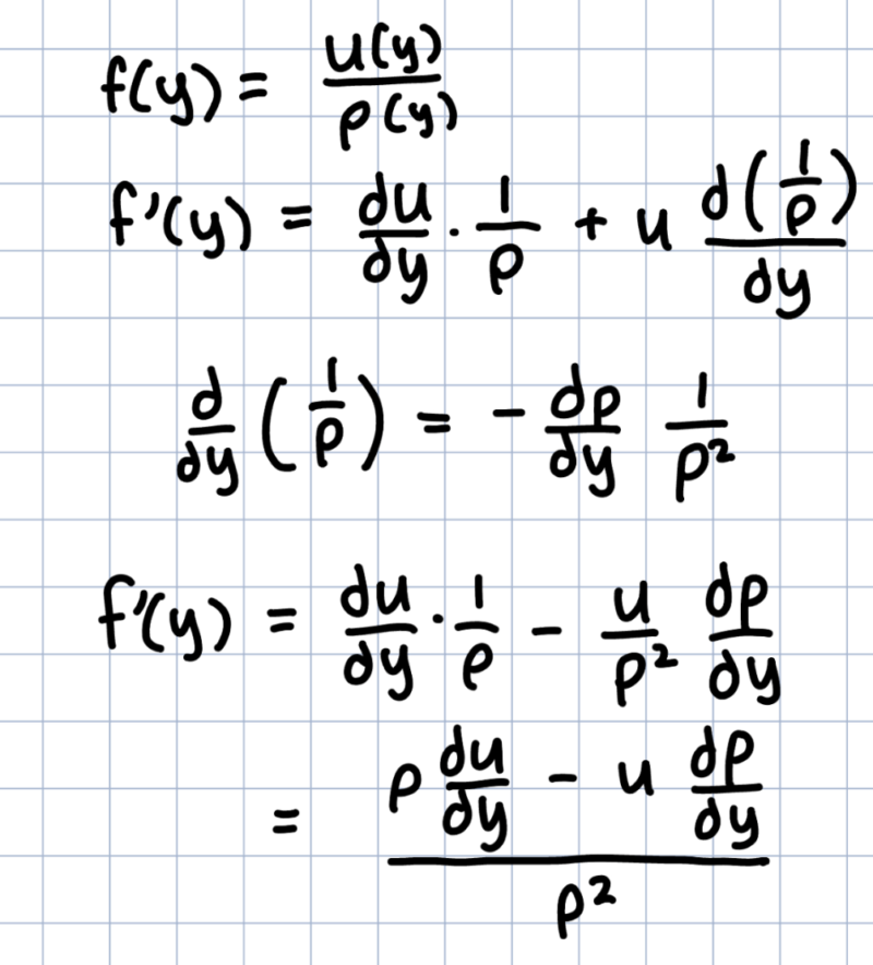 Mathematics calculations that say: f(y) = u(y)/p(y) f'(y) = du/dy * 1/p + u d(1/p)/dy d/dy (1/p) = -dp/dy 1/p^2 f'(y) = du/dy * 1/p - u/p^2 dp/dy = (p du/dy - u dp/dy)/p^2