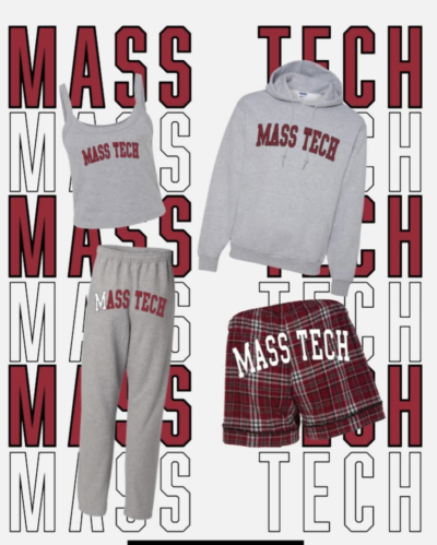 A promotional image reading MassTech in red and white in the background, with four clothing items (tank top, sweat pants, hoodie, and short-shorts) all reading MassTech