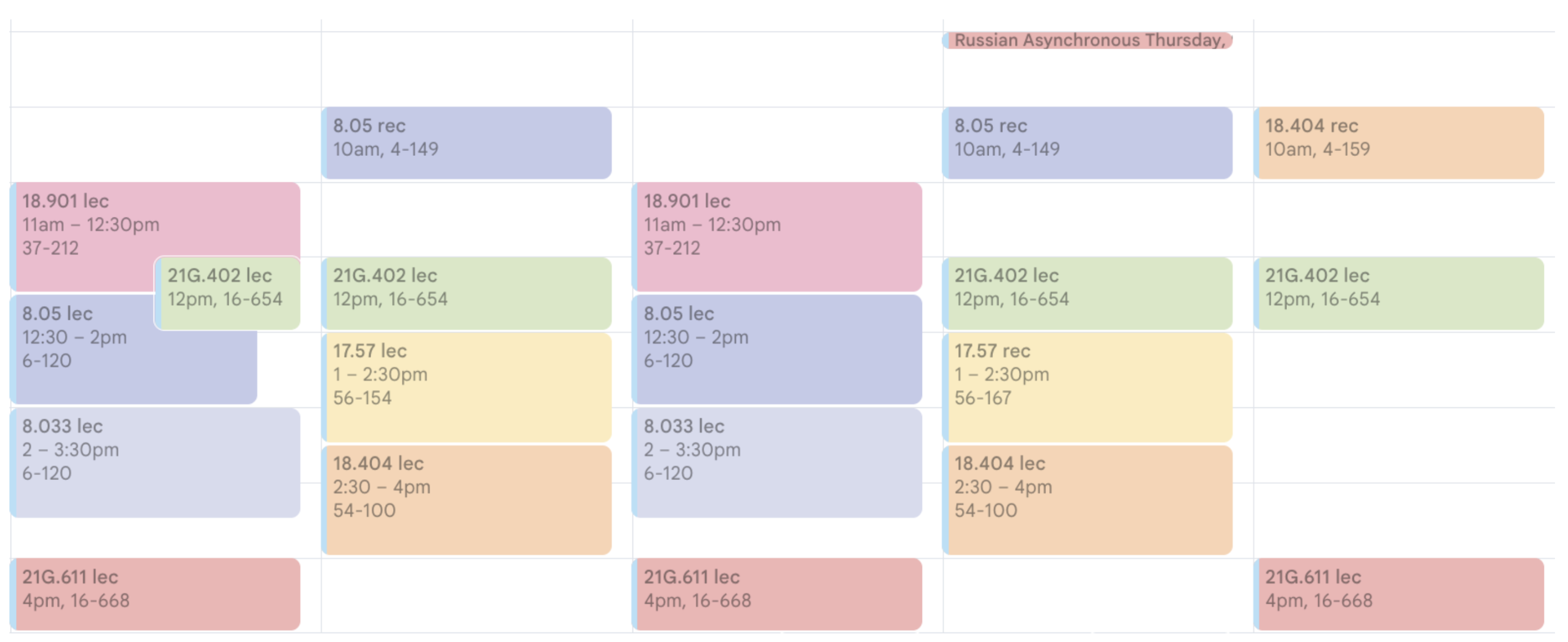 A screenshot of a google calendar; there are colored blocks one right after the other, and most of it is filled.