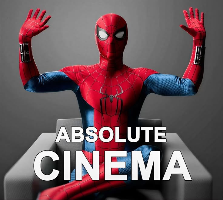 Absolute Cinema meme image but it's spiderman. Hands up, legs crossed. super cool.