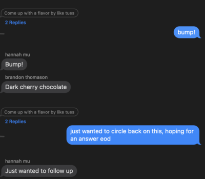 screenshot of text messages. two people are asking for cake flavors. target recipient says dark cherry chocolate